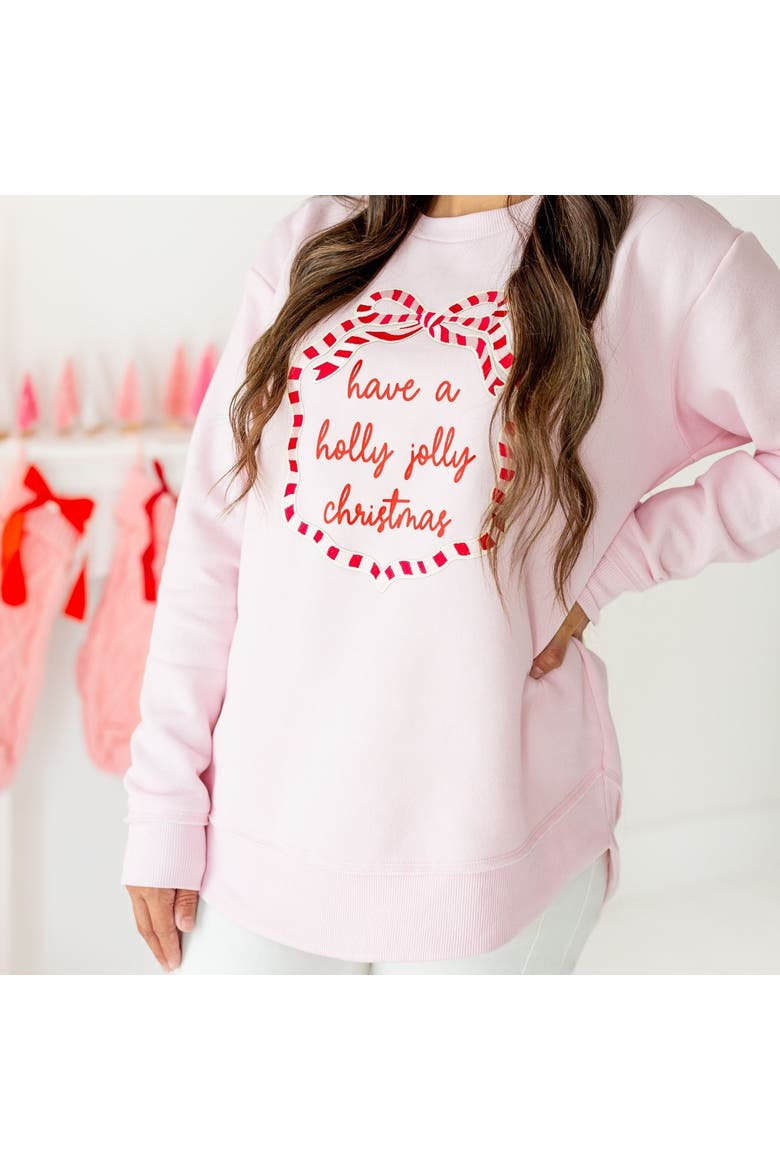 Holly Jolly Christmas Sequin Bow Patch Women's Sweatshirt, Alternate, color, Ballet Pink