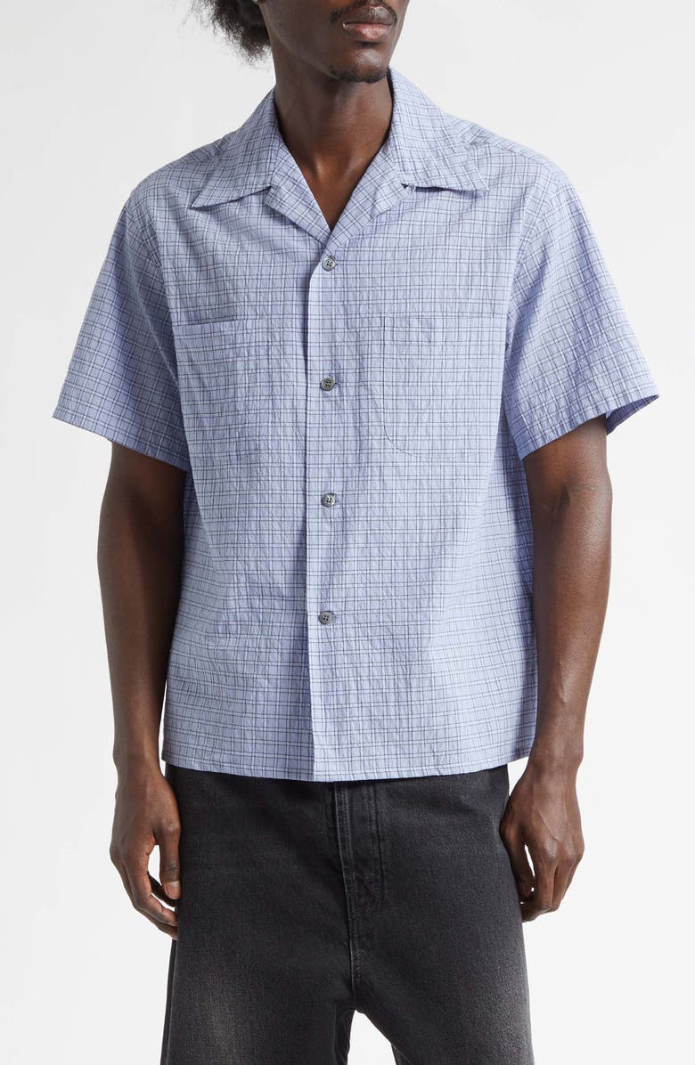 Maison Margiela Check Linen & Cotton Camp Shirt, Main, color, Sky Blue