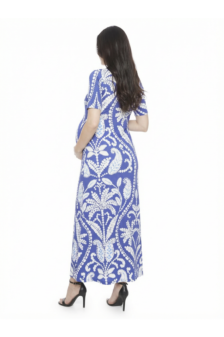 Maternity Floral Scoop Neck Elbow Sleeve A-Line Maxi Dress, Alternate, color, Blue Multi