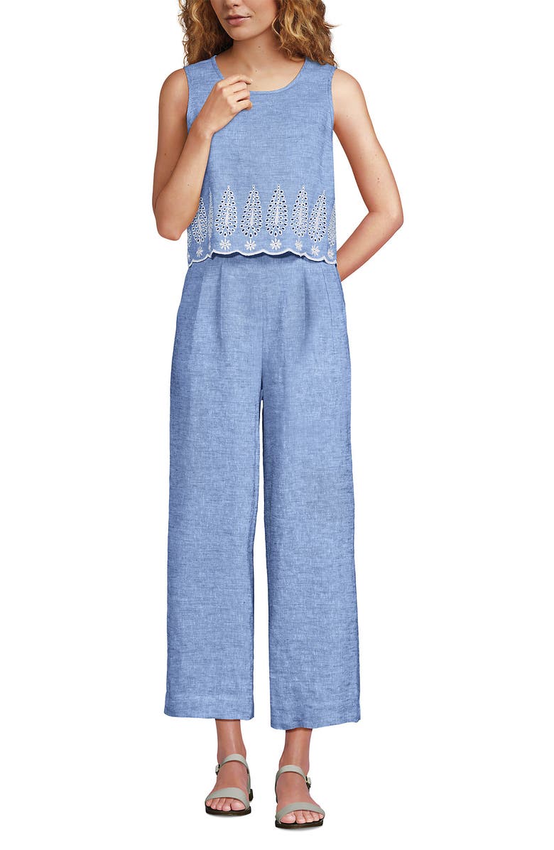 Lands' End Linen Sleeveless Embroidered Jumpsuit, Alternate, color, 