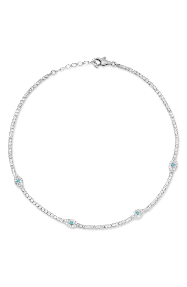 SPHERA MILANO Sterling Silver & CZ Evil Eye Anklet, Main, color, Silver
