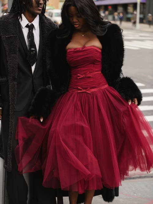 Miss Circle Women Mabel Burgundy Drop Waist Layered Mesh Midi Puffy Dress With Bow In Burgundy