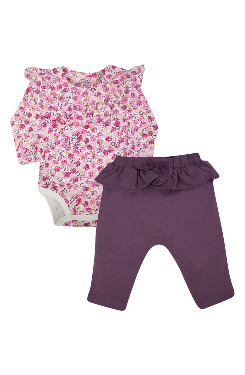 Oliver & Rain Floral Ruffle Organic Cotton Bodysuit & Pants Set, Main, color, 