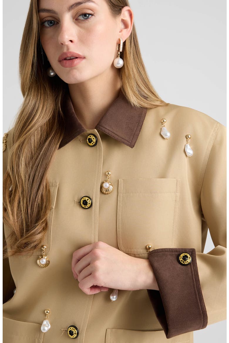Faux Pearl Charm Detail Twill Jacket, Alternate, color, BRITISH TAN
