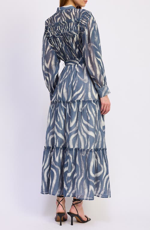 En Saison Cypress Long Sleeve Tie Belt Tiered Maxi Shirtdress In Blue