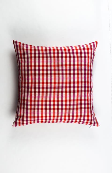 Noel Red Plaid Handwoven Cotton Square Throw Pillow