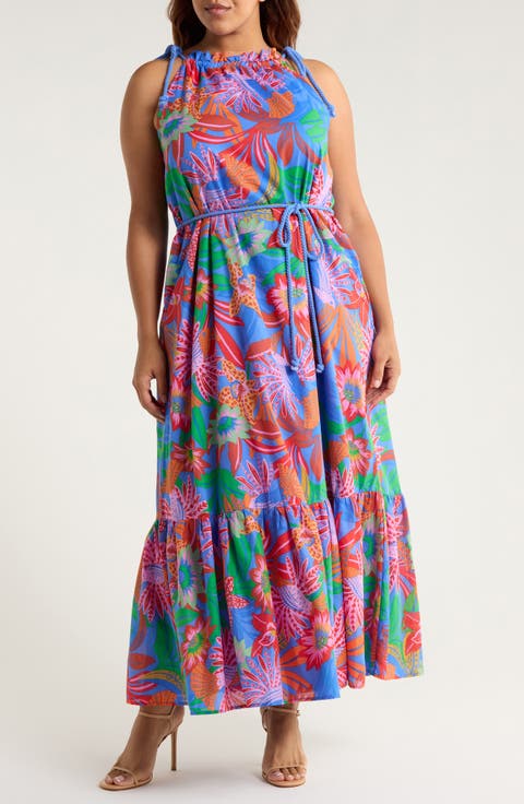 Cindal Flower Print Cotton Maxi Dress (Plus)