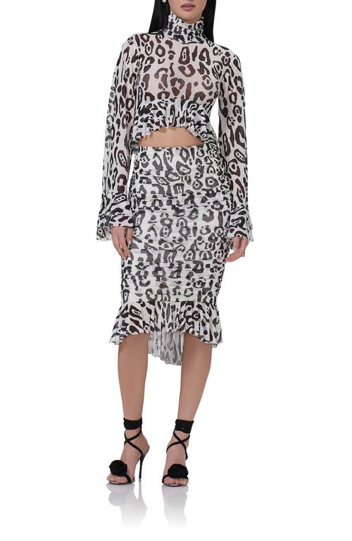 Afrm Ronica Ruched Mesh High-low Skirt In Stark Leopard