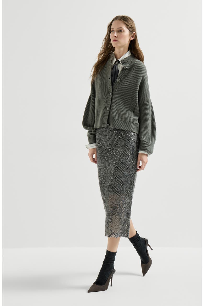 Dazzling lace embroidery pencil skirt in sparkling mohair and wool, Alternate, color, Dark Grey