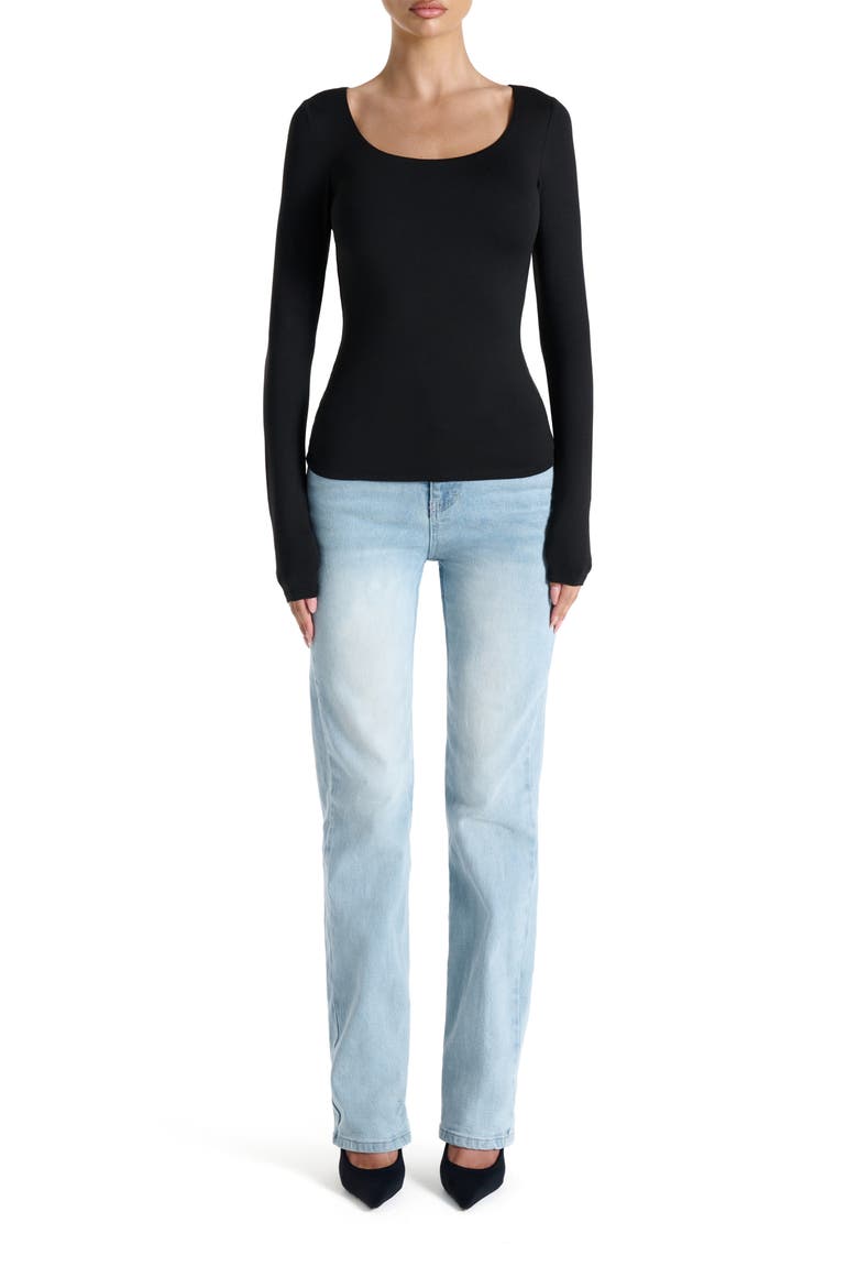 Bare Scoop Neck Long Sleeve Top, Alternate, color, BLACK