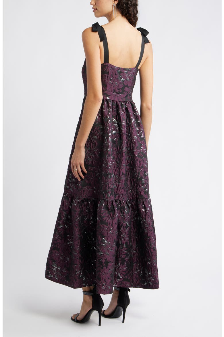 Tiered Floral Brocade Tie Strap Maxi Dress, Alternate, color, PURPLE MULTI FLORAL BROCADE