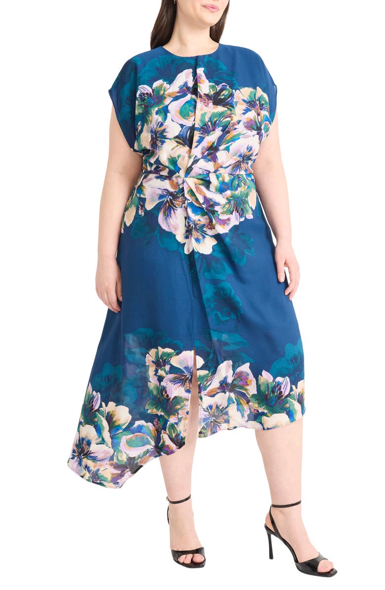 Maggy London Floral Short Sleeve Asymmetric Hem Midi Dress, Alternate, color, Blue/ Lilac