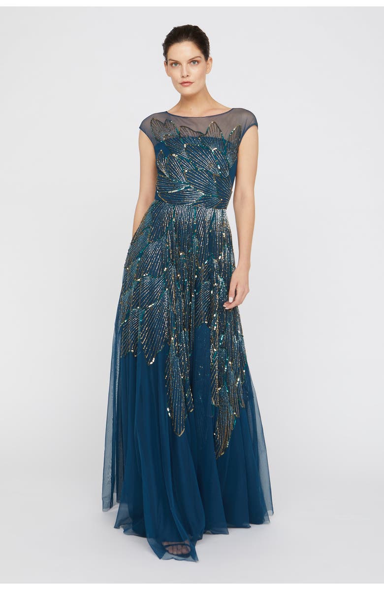 Theia Ava Beaded Cap Sleeve Bateau Neck Sequin Gown, Alternate, color, Aquamarine