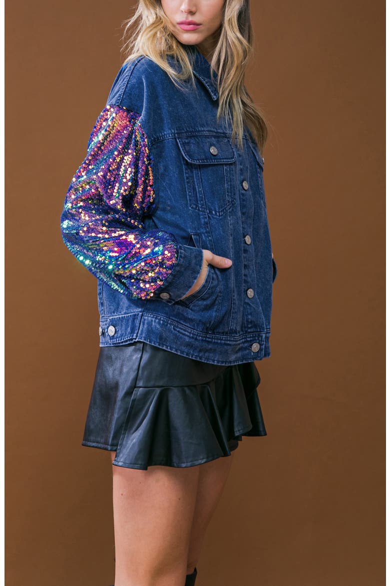 Walking the Walk Sequin Sleeve Denim Jacket, Alternate, color, MEDIUM INDIGO
