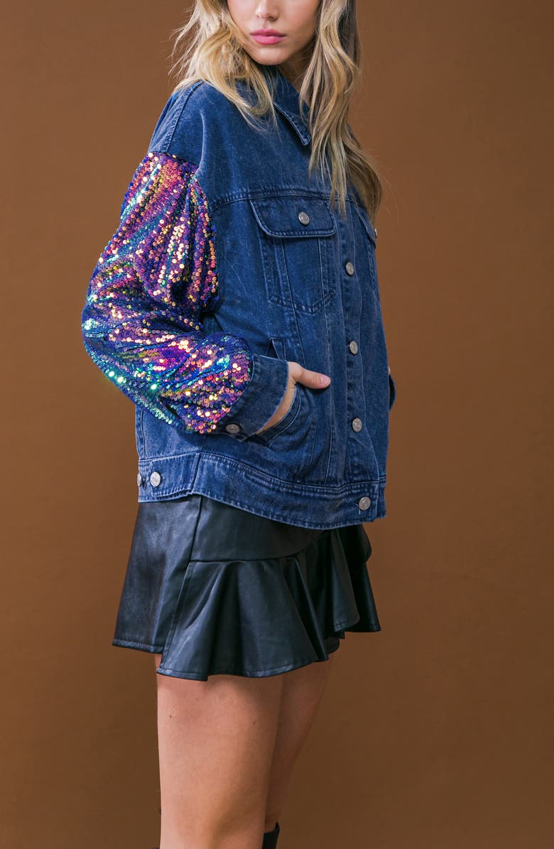 FLYING TOMATO Walking the Walk Sequin Sleeve Denim Jacket, Alternate, color, Medium Indigo