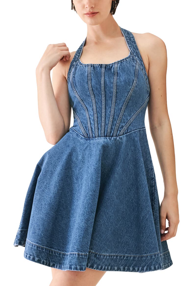 Fit and Flare Non Stretch Denim Minidress, Alternate, color, INDIGO