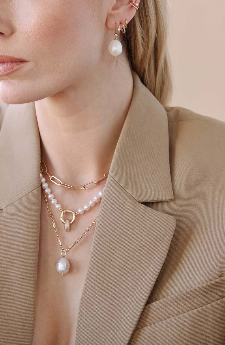 Zoë Chicco Diamond & Dangling Pearl Drop Earrings, Alternate, color, White/ 14K Yellow Gold