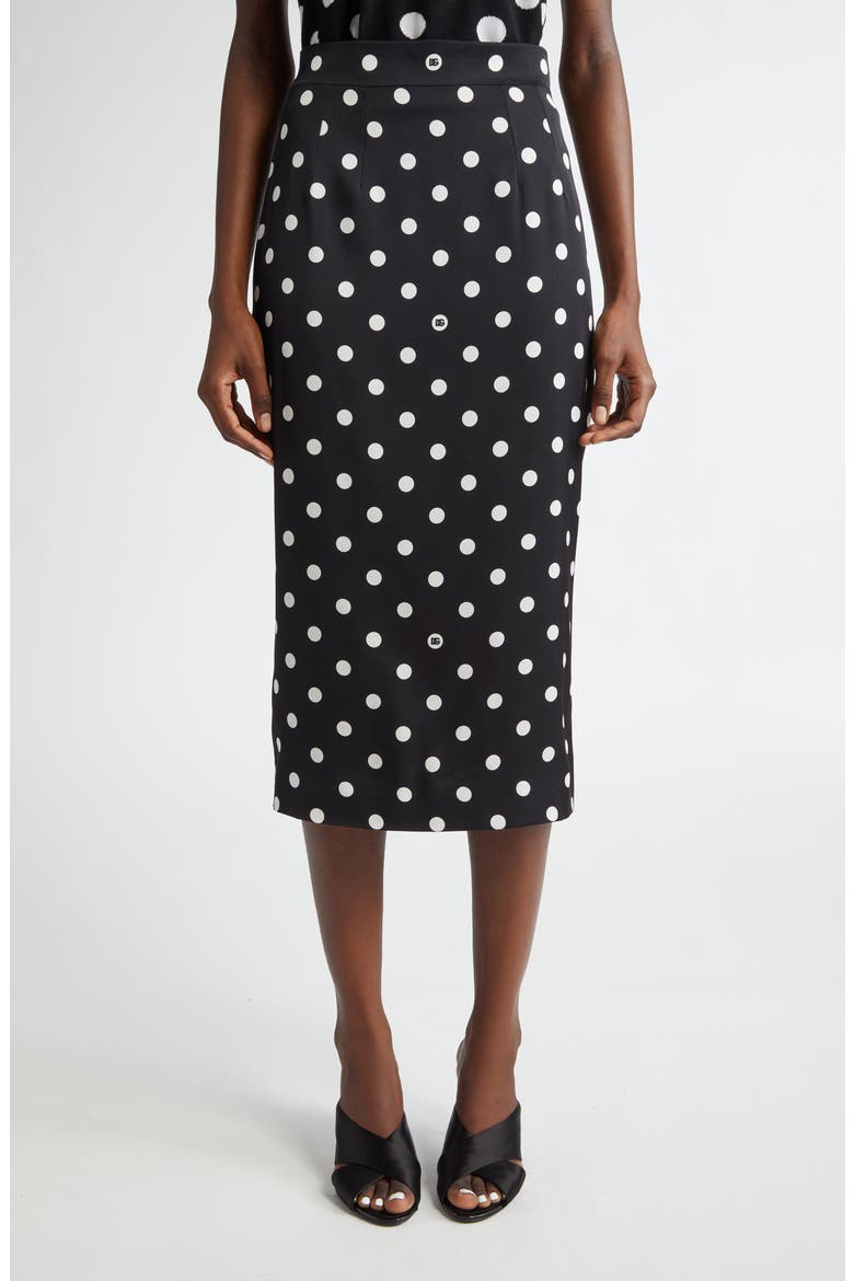 Polka Dot Stretch Silk Pencil Skirt, Main, color, BLACK