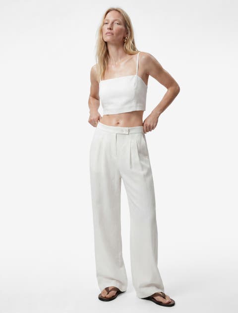 Linen Blend Mid Rise Tailored Wide Leg Pants