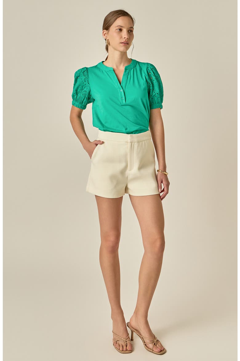 Mixed Media Eyelet Sleeve Top, Alternate, color, GREEN