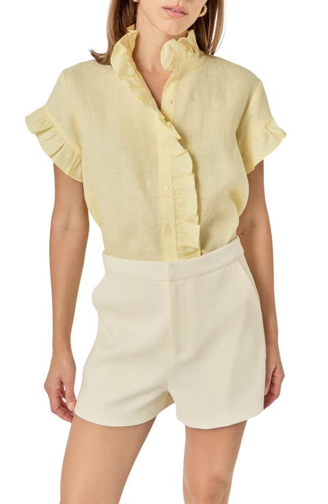 Ruffle Trim Linen Button-Up Shirt