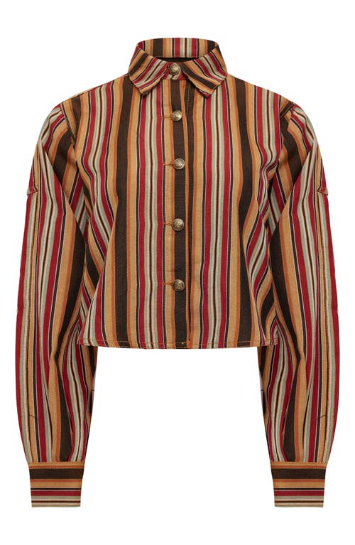 Lioness Sundrenched Stripe Denim Crop Button-up Shirt In Brown