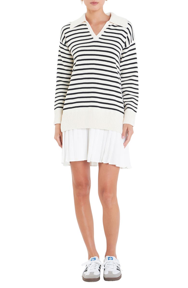 English Factory Stripe Pleated Long Sleeve Mixed Media Sweater Dress, Main, color, 