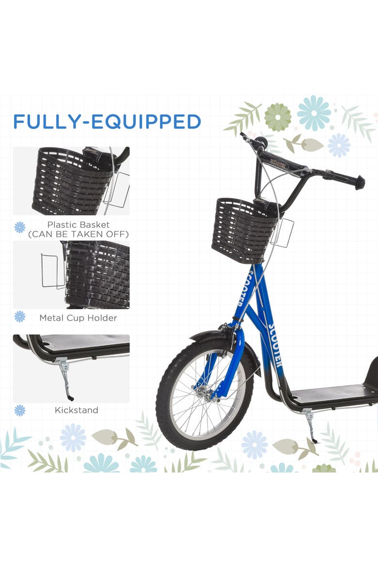 Youth Kick Scooter with Adjustable Handlebars, Double Brakes, Tires, Basket, Cupholder, Alternate, color, Blue