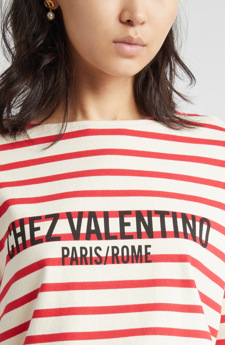 Valentino Garavani Stripe Logo Long Sleeve Cotton T-Shirt, Alternate, color, Avorio/Rosso