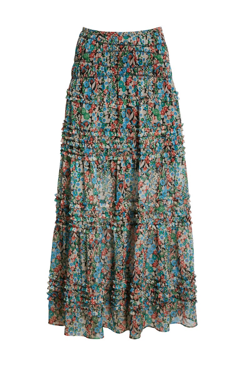 Amadea Floral Tiered Ruffle Maxi Skirt, Alternate, color, BLACK