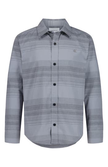 Calvin Klein Kids' Stripe Long Sleeve Button-up Shirt In Gray