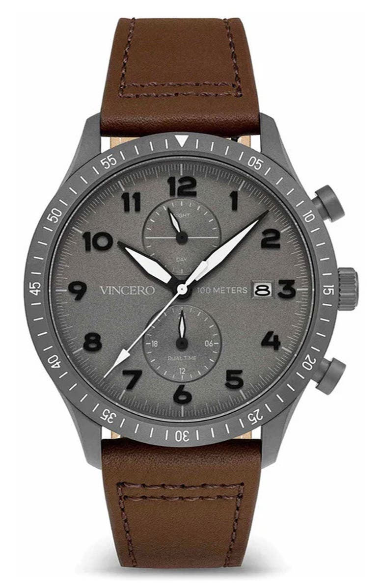 Vincero The Altitude Chronograph Leather Strap Watch, 43mm, Main, color, Gunmetal/ Walnut