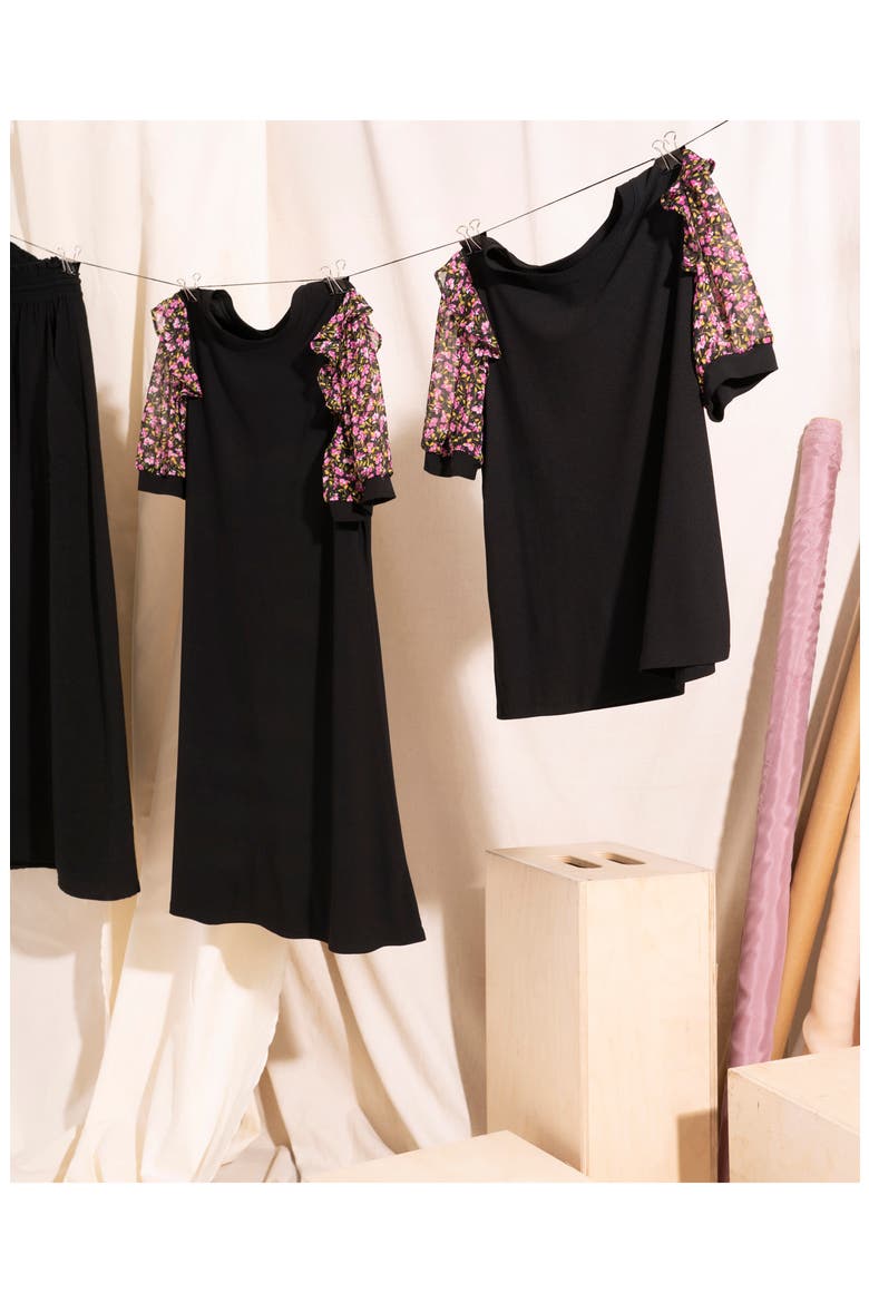 Floral Puff Sleeve Dress, Alternate, color, RICH BLACK