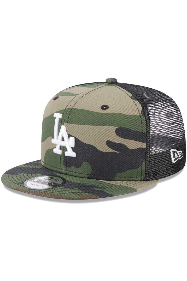 Men's New Era Camo Los Angeles Dodgers Trucker 9FIFTY Snapback Hat, Main, color, Camo