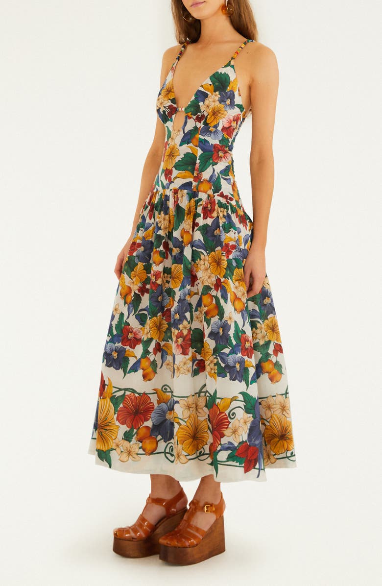 FARM Rio Tropical Print Plunge Neck Drop Waist Midi Dress, Alternate, color, Tropi Off-White