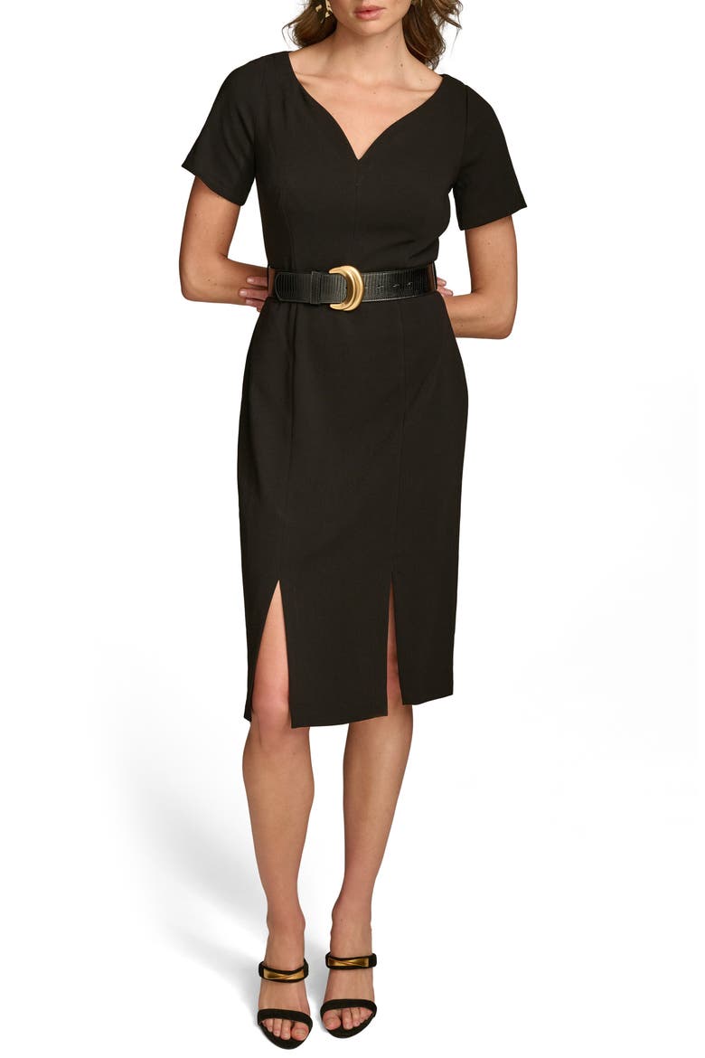 Belted Stretch Sheath Dress, Main, color, BLACK