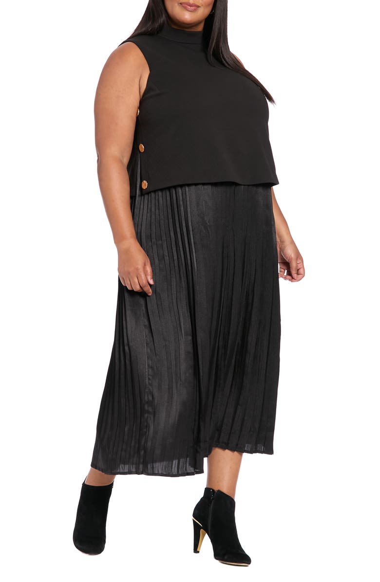 London Times Button Pleated Skirt A-Line Dress, Main, color, Black