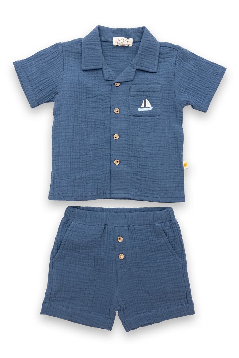 Organic Cotton Gauze Camp Shirt & Shorts Set, Main, color, BLUE MULTI