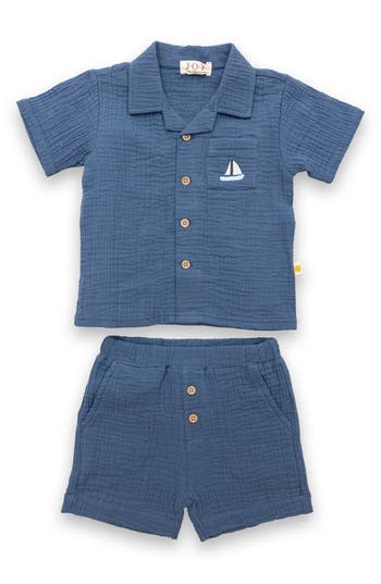 Joy Just Organic You Organic Cotton Gauze Camp Shirt & Shorts Set In Blue Multi