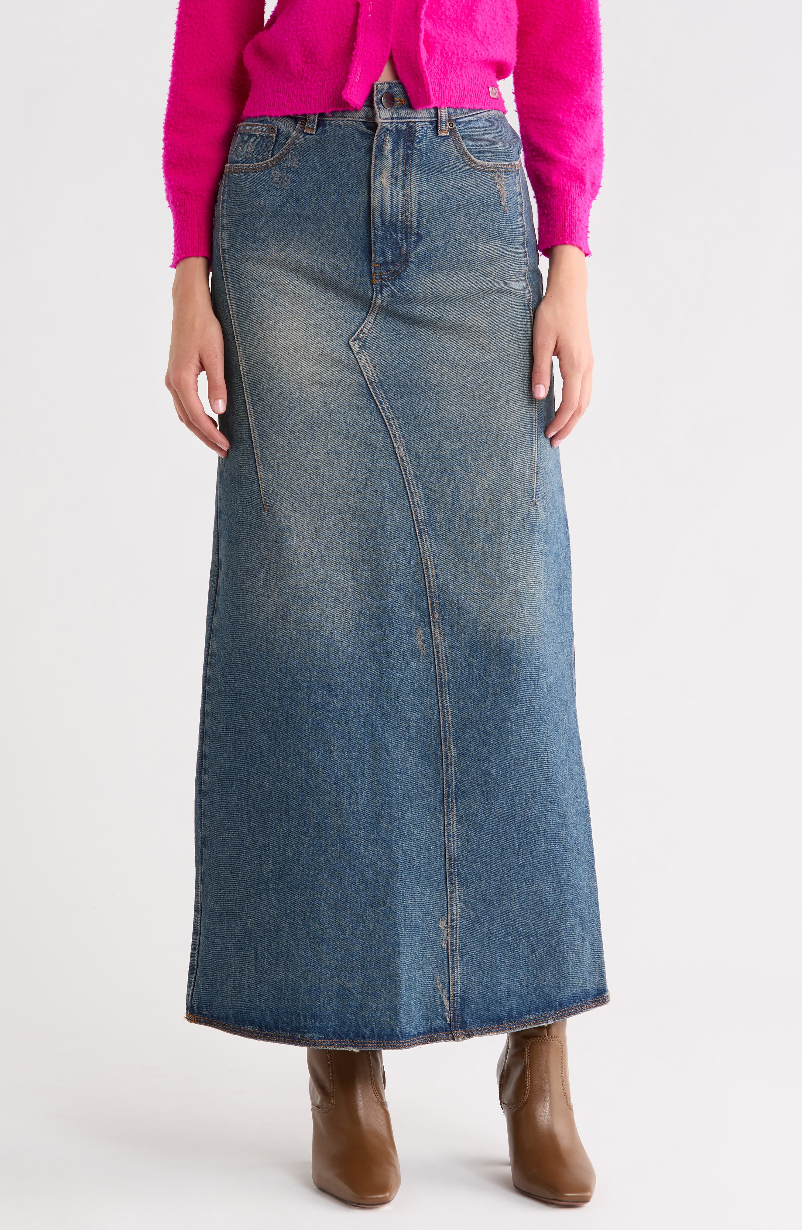 Fluted Denim Maxi Skirt