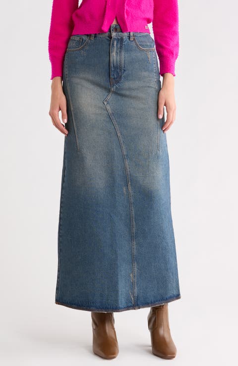 Fluted Denim Maxi Skirt