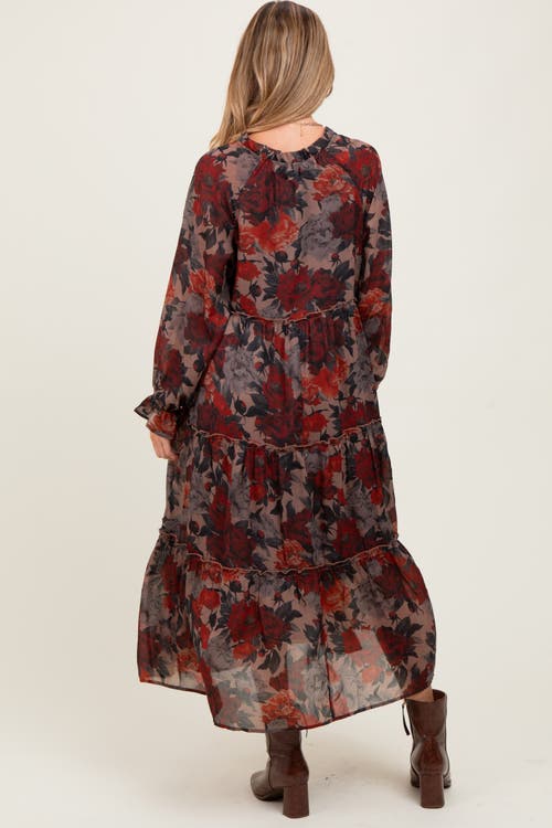Pinkblush Floral Chiffon Ruffle Tiered Midi Dress In Brown