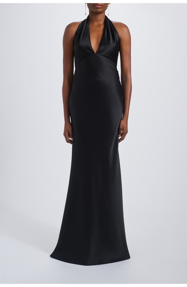 Amsale V-neck Fit-to-Flare Halter Gown, Main, color, Black