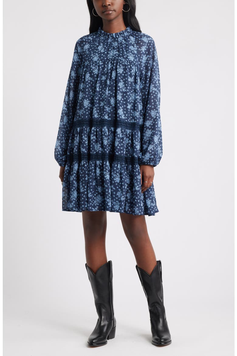 Floral Print Ruffle Long Sleeve Dress, Main, color, NAVY- BLUE ELISA DITSY