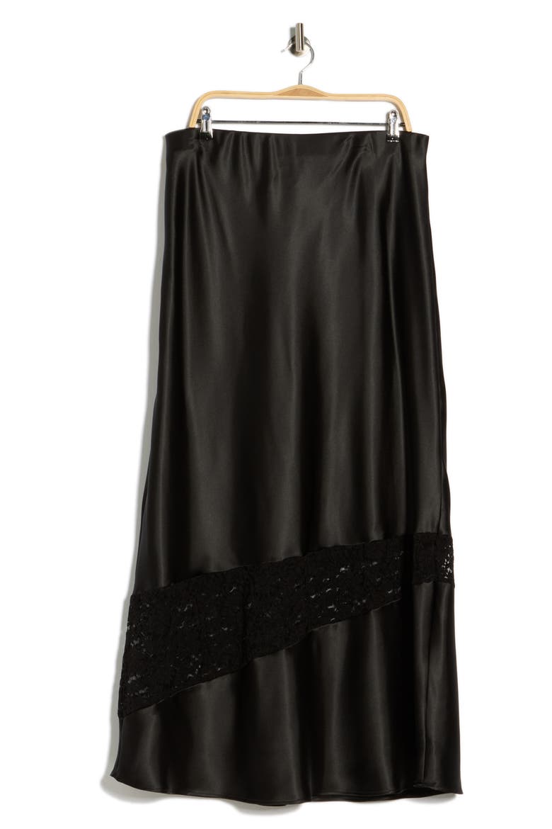 Lace Trim Satin Maxi Skirt, Alternate, color, BLACK