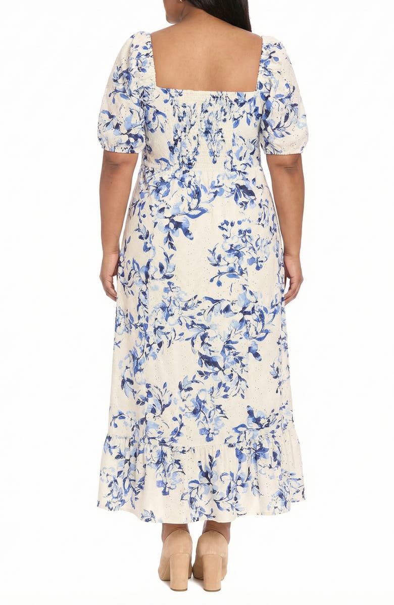 London Times Floral Puff Sleeve Empire Waist Midi Dress, Alternate, color, Ivory / Deep Blue
