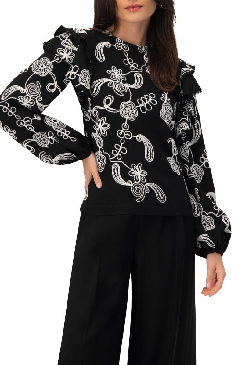 IVONNE Blouse with White Embroidery and Ruffle Detail, Main, color, Black