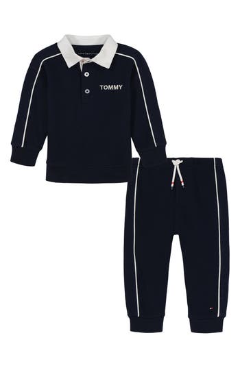 Tommy Hilfiger Piped Trim Fleece Polo & Joggers Set In Black