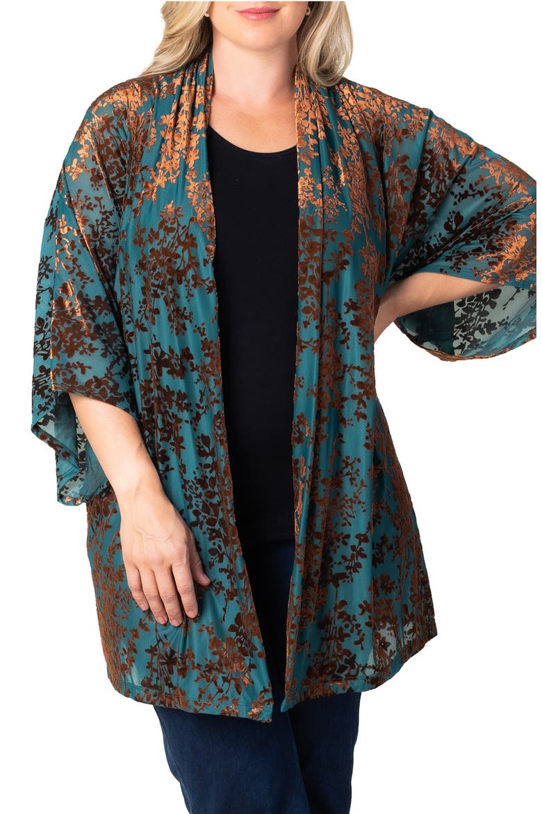 Dahlia Burnout Velvet Cardigan, Main, color, TEAL BURNISHED BRANCHES