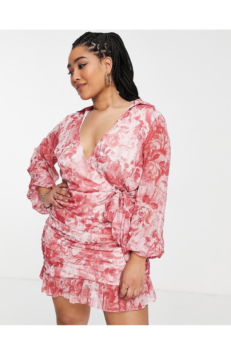 ASOS DESIGN Curve Floral Print Long Sleeve Faux Wrap Minidress, Alternate, color,